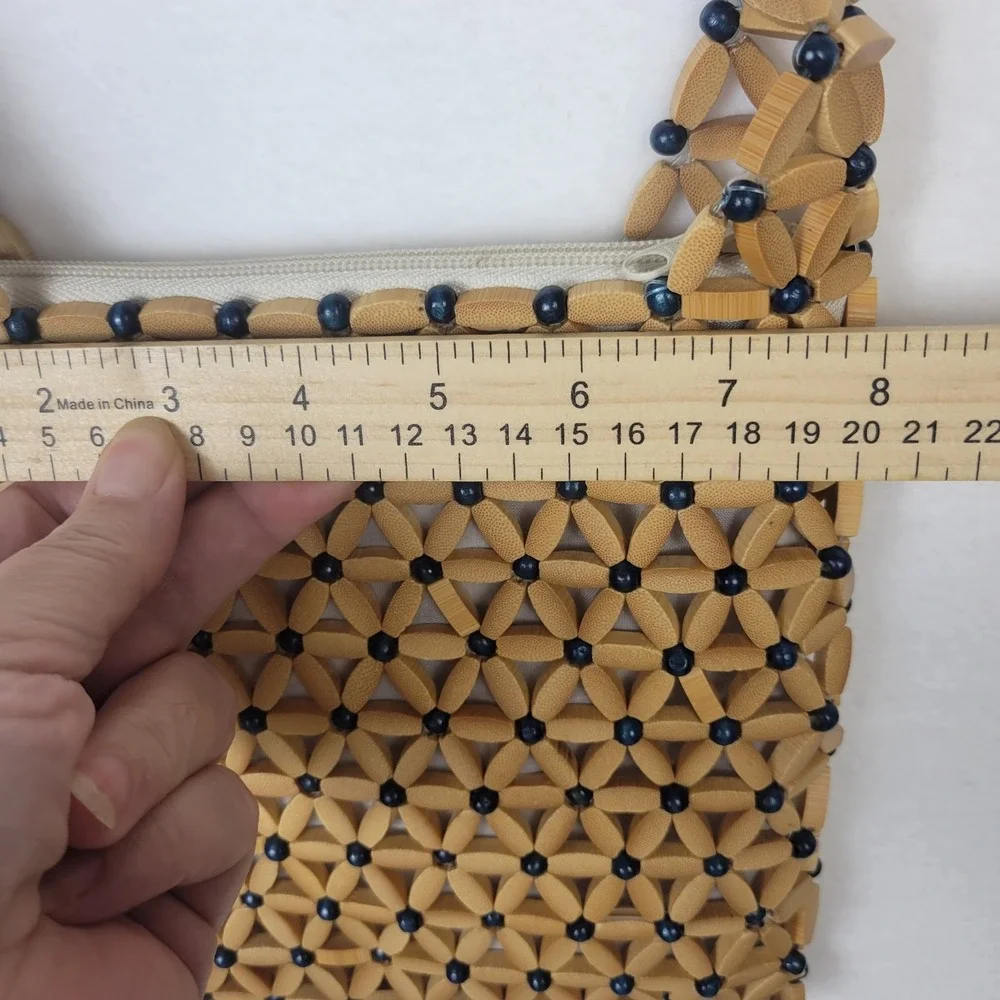 Wooden Bead Flower Purse Blue Tan Boho Crossbody Handbag